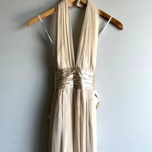 Maggy London Halter Dress Size 4 Champagne Y2k Long Satin Sash Waist Bridesmaid